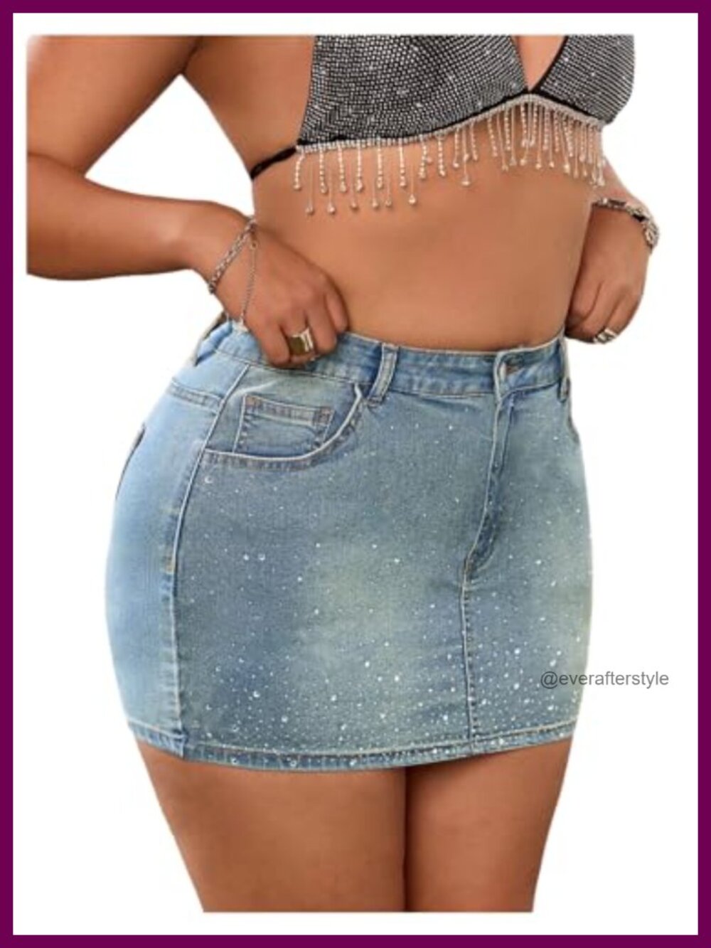 Plus Size High Rise Mini Denim Skirt Rhinestone Stretch